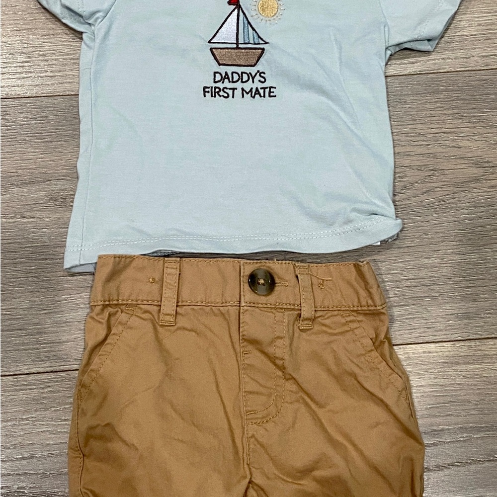Light Blue Graphic Tee and Tan Shorts Set